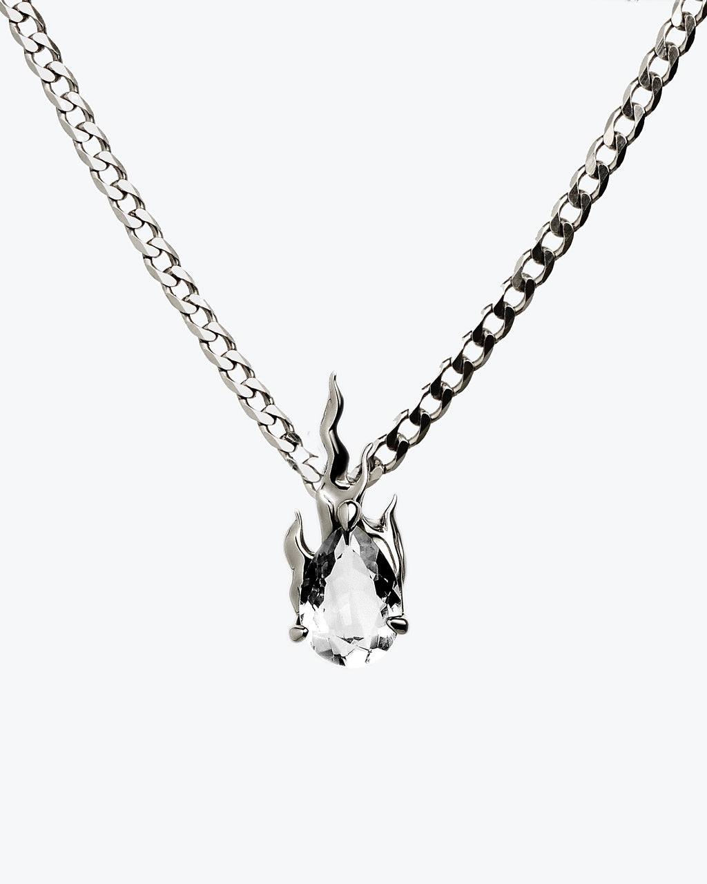 Gem in Heat curb white topaz flame pendant necklace rhodium vermeil sterling silver curb chain