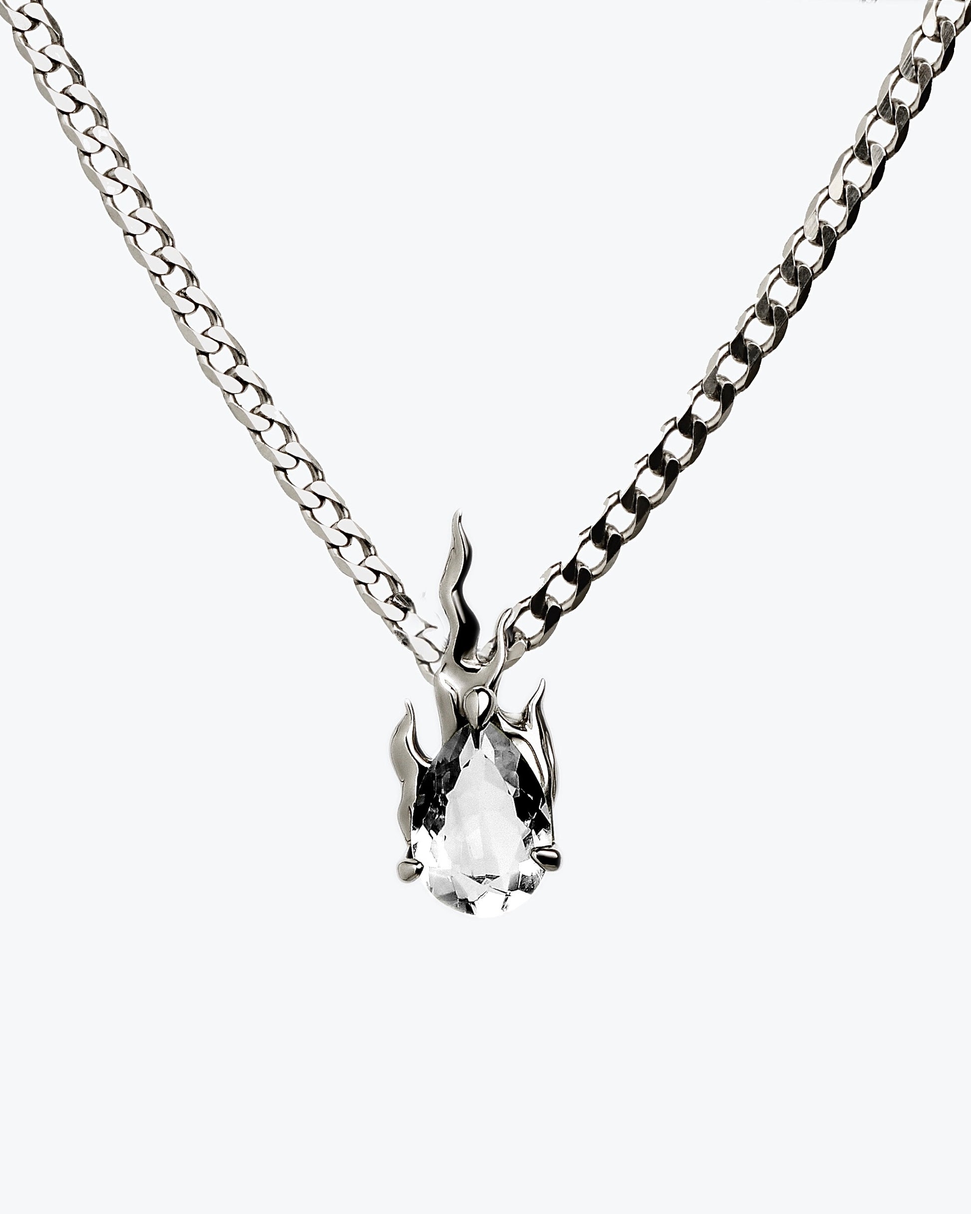 Gem in Heat curb white topaz flame pendant necklace rhodium vermeil sterling silver curb chain