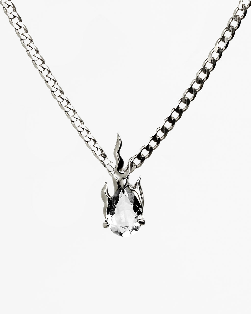 Gem in Heat curb white topaz flame pendant necklace rhodium vermeil sterling silver curb chain