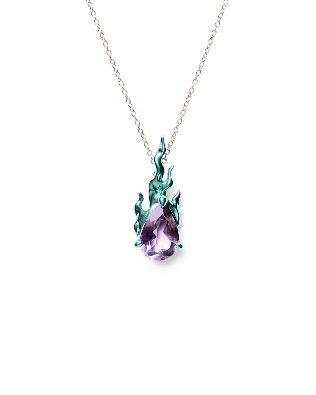Mini Green Gem in Heat purple amethyst necklace in rhodium vermeil with green flame pendant