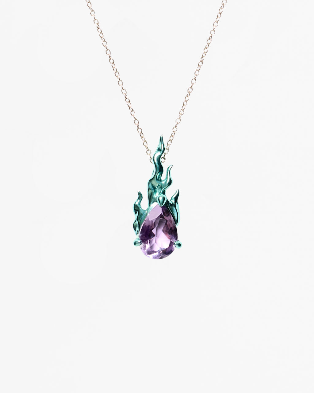 Mini Green Gem in Heat purple amethyst necklace in rhodium vermeil with green flame pendant