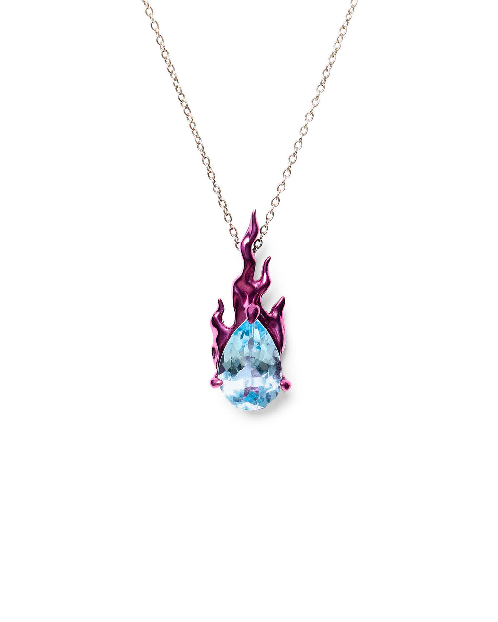 Mini Pink Gem in Heat necklace in rhodium vermeil with natural sky topaz pendant and pink flame setting
