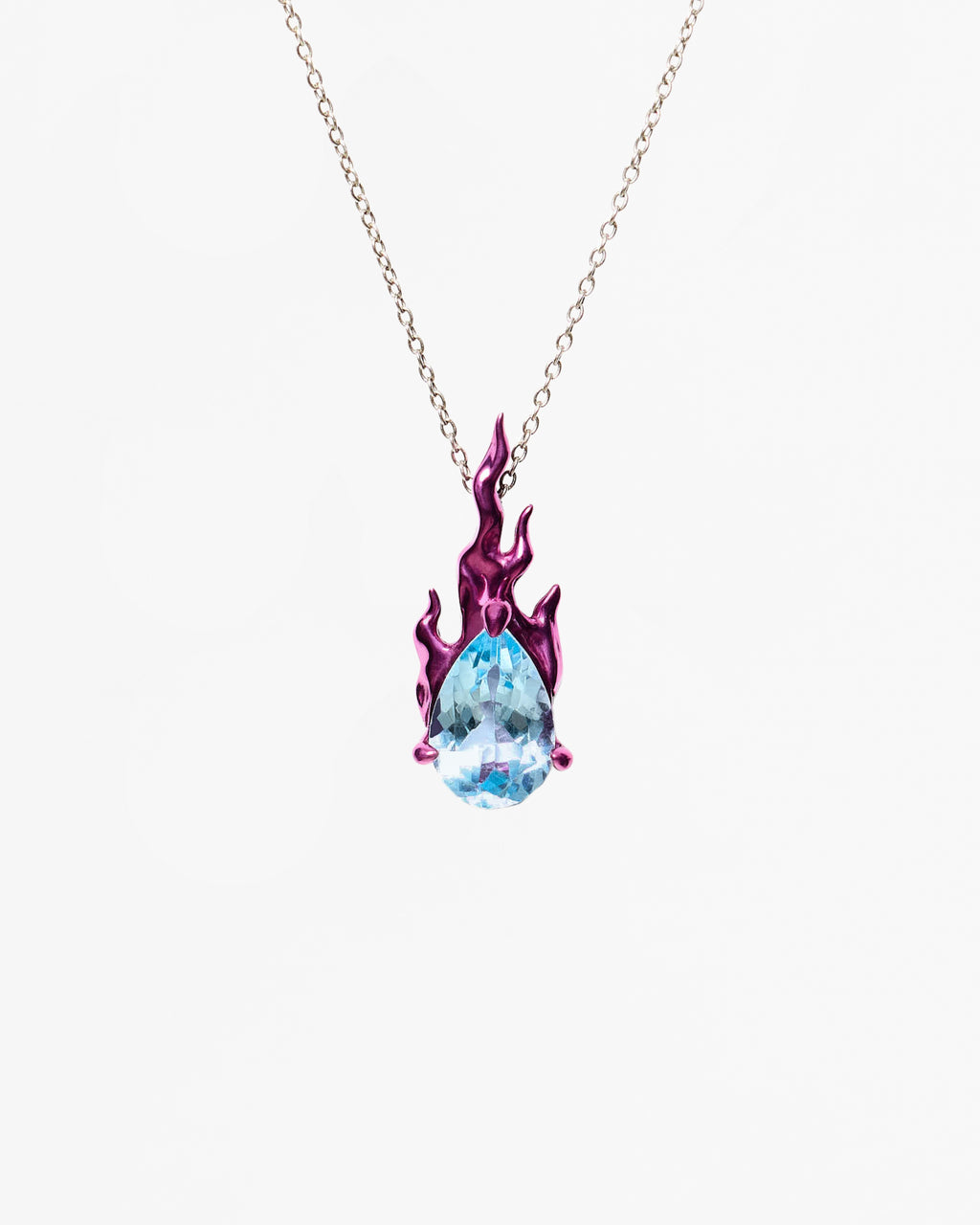 Mini Pink Gem in Heat necklace in rhodium vermeil with natural sky topaz pendant and pink flame setting