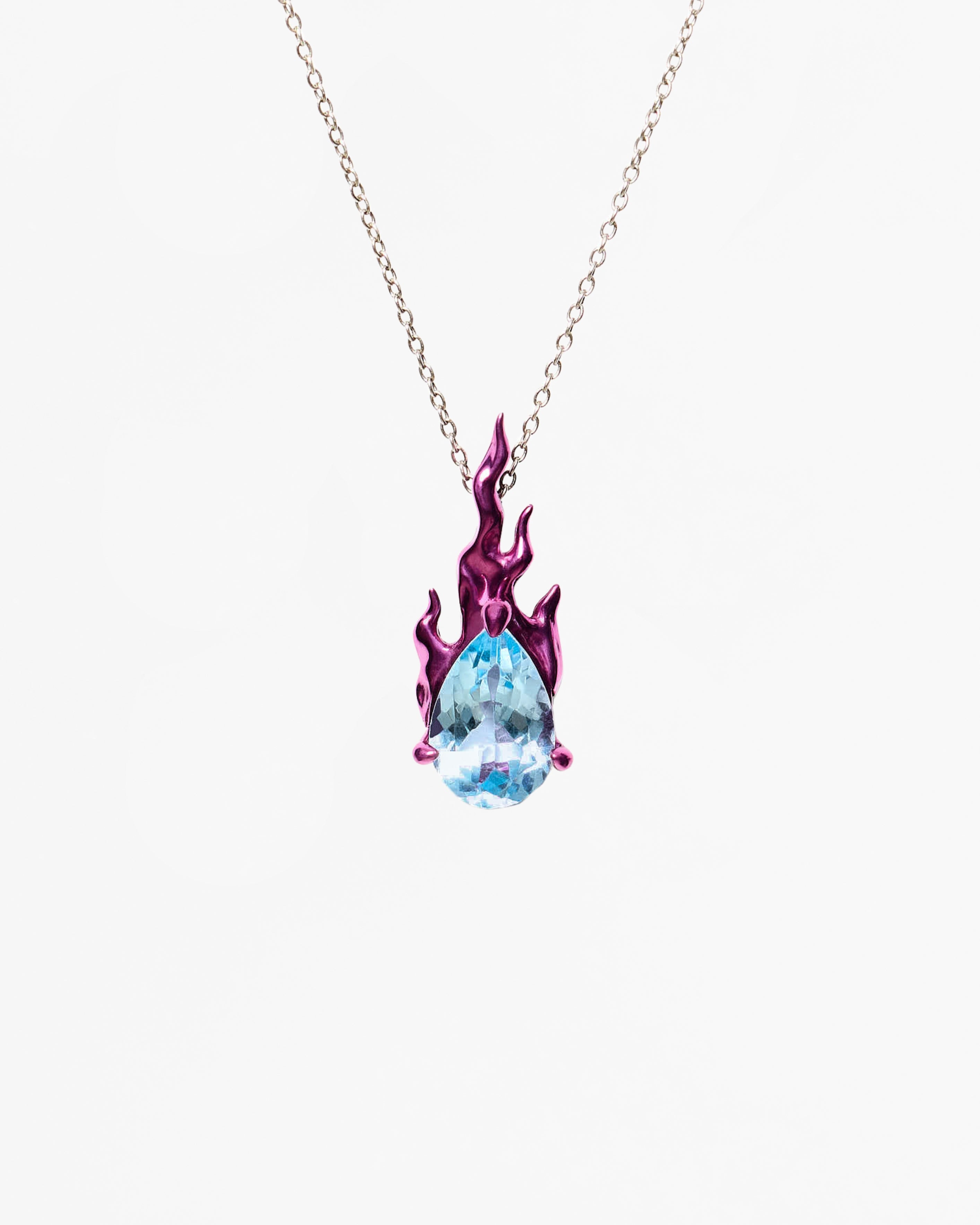 Mini Pink Gem in Heat necklace in rhodium vermeil with natural sky topaz pendant and pink flame setting