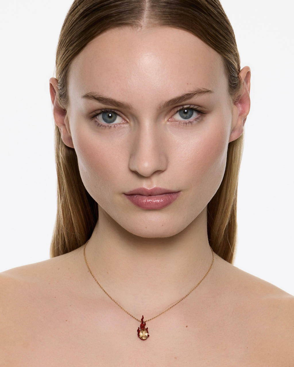 Model wearing Mini Red Gem in Heat yellow citrine gold vermeil necklace with red coated pendant