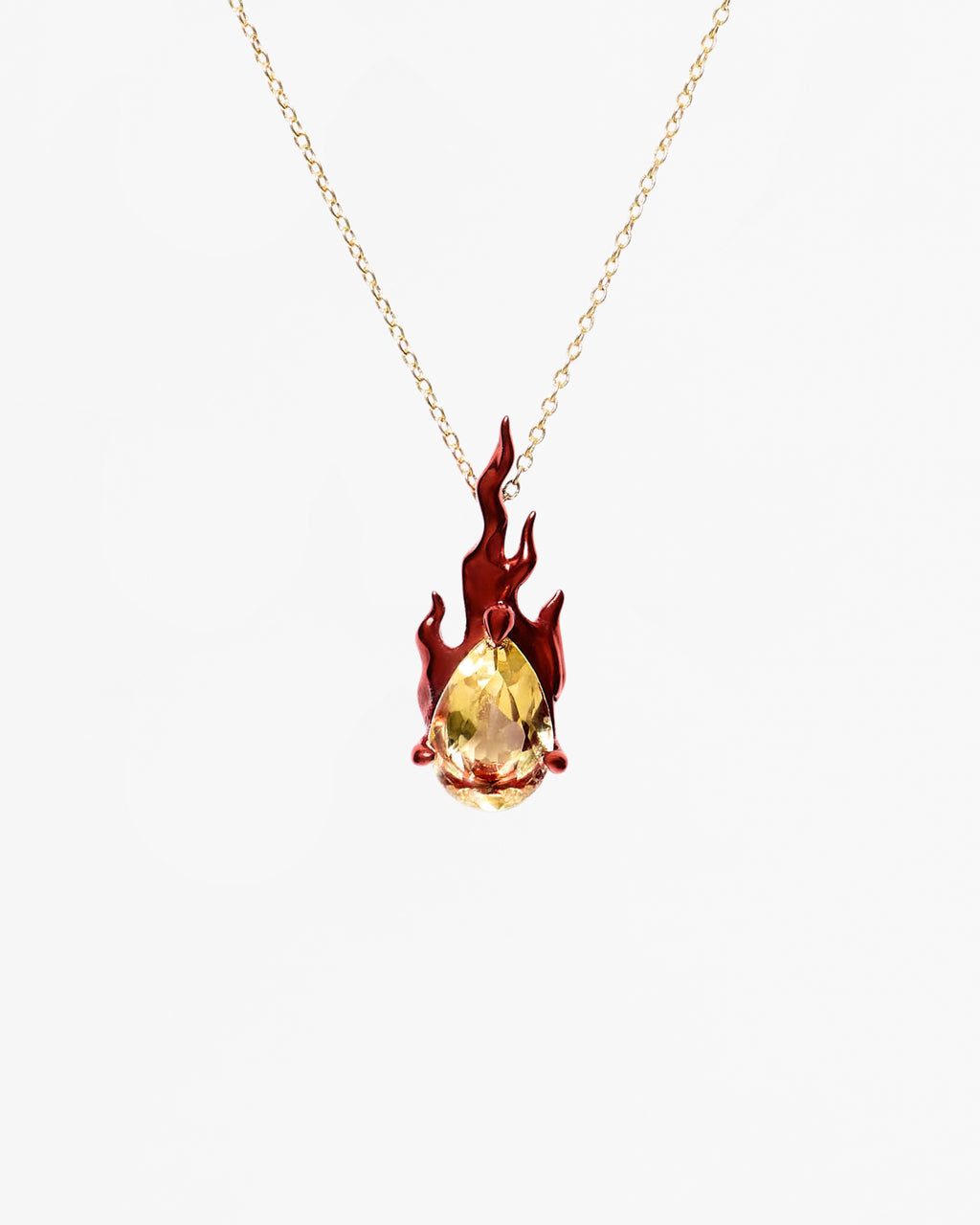 Mini Red Gem in Heat yellow citrine necklace in gold vermeil with red flame pendant detail