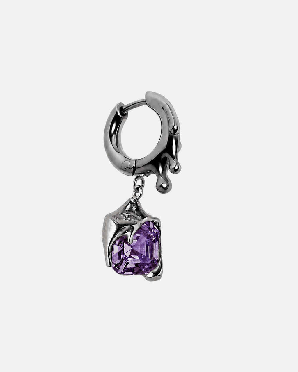 Nano Melt hoop earring in Rhodium Vermeil with sculptural molten detailing and suspended faceted purple crystal.